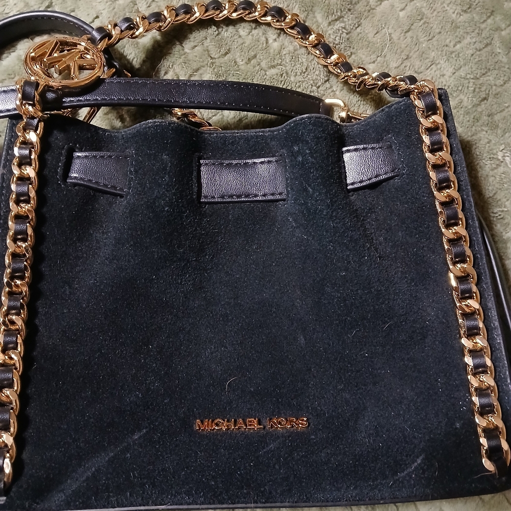 Michael Kors Black Suede Shoulder Bag with Gold Chain
